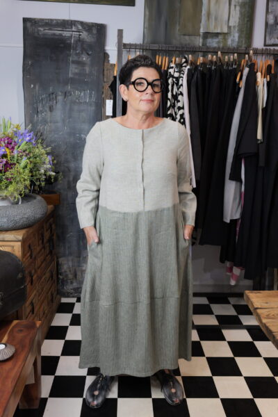 Młynarka – lniana sukienka jodełka na zatrzaski